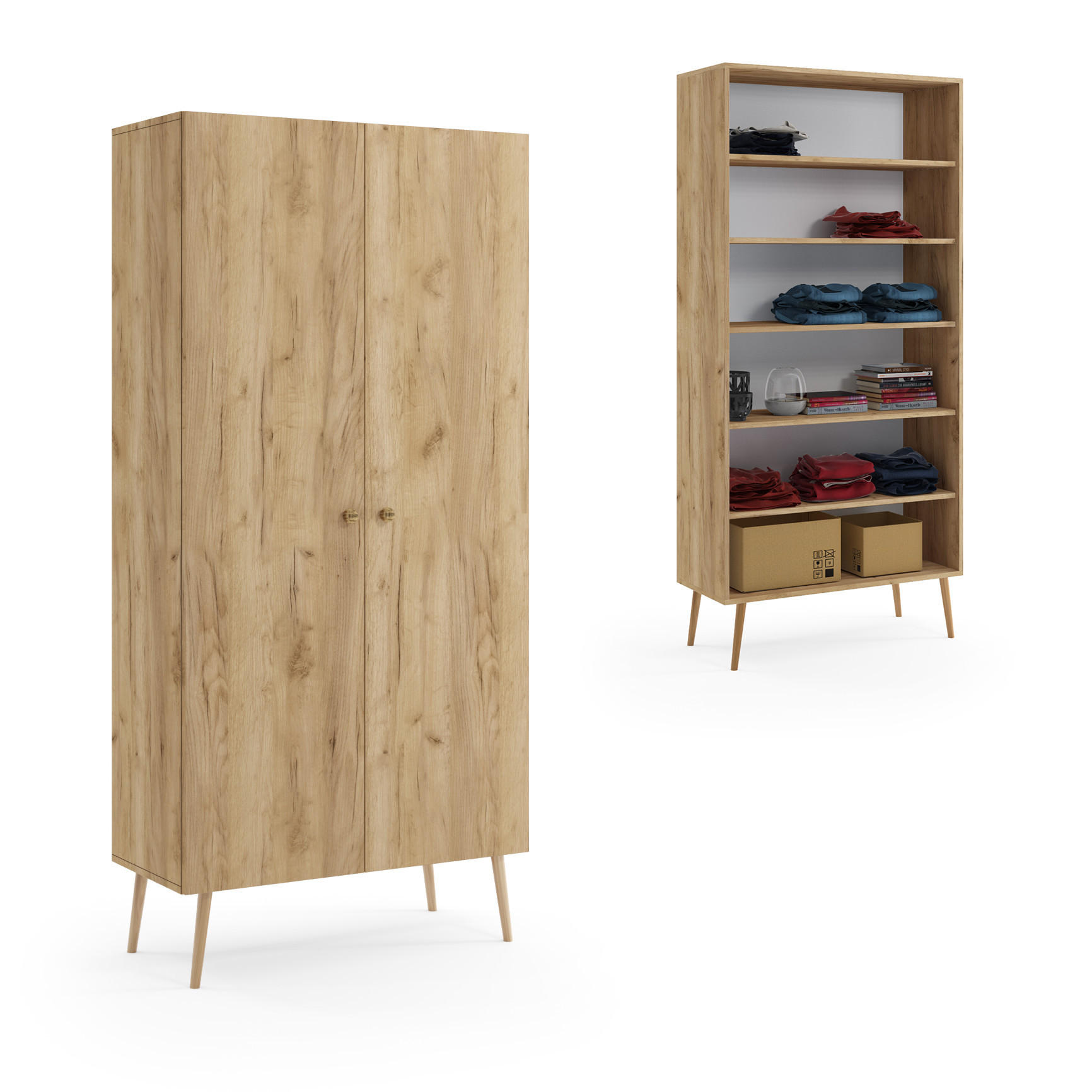 SCHRANK Gold Dąb Craft Boho Tief Holzbeine 5 Regale - Beige, Holzwerkstoff (87/212/41cm) - Sepro Meble