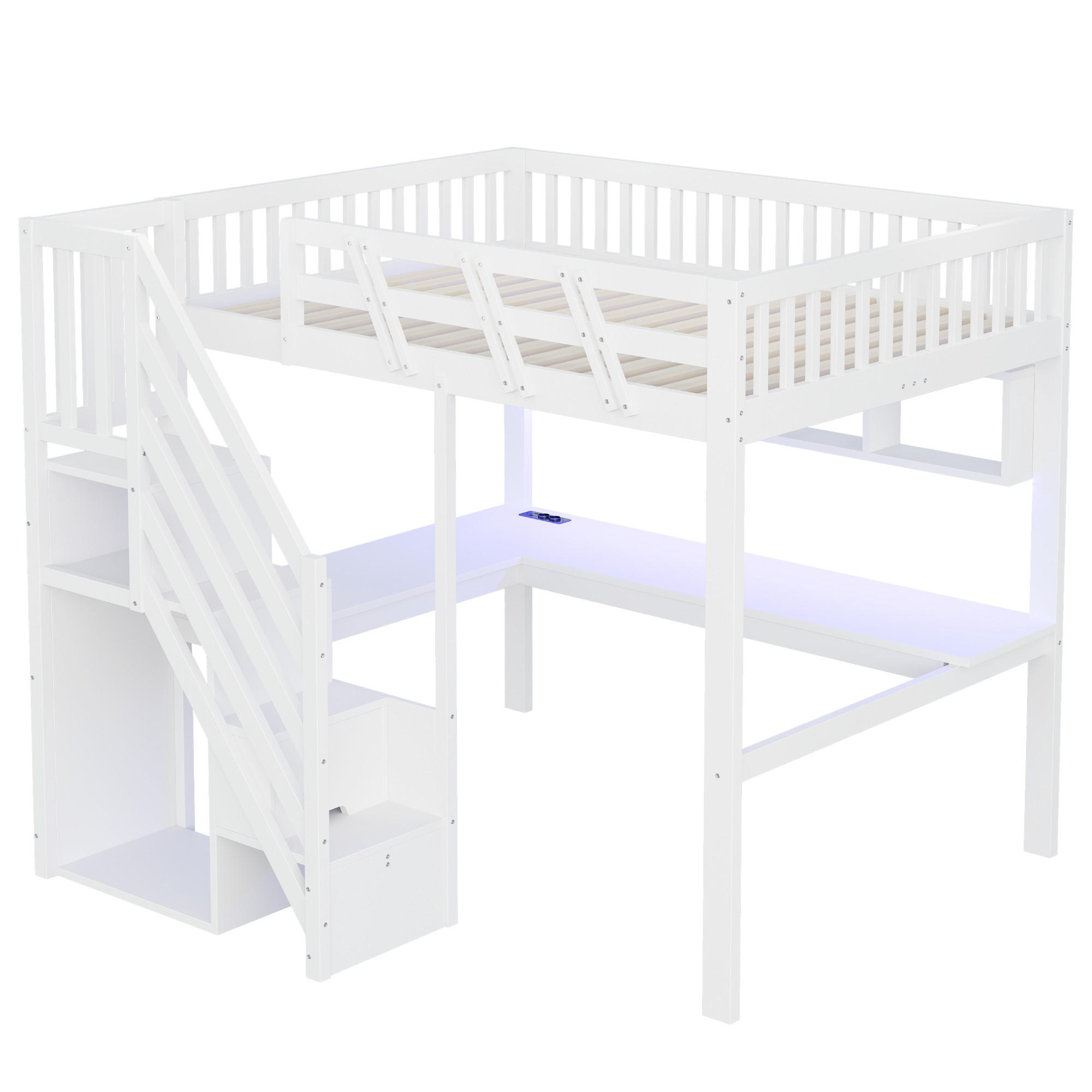 HOCHBETT 140/200 cm DE-01497, in Weiß, mit Aufbewahrungstreppe, Schreibtisch und LED-Licht - Weiß, Holz (140/200cm) - ComfortXL