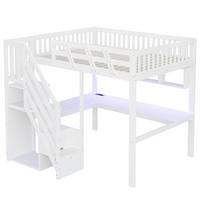 HOCHBETT 140/200 cm DE-01497, in Weiß, mit Aufbewahrungstreppe, Schreibtisch und LED-Licht - Weiß, Holz (140/200cm) - ComfortXL