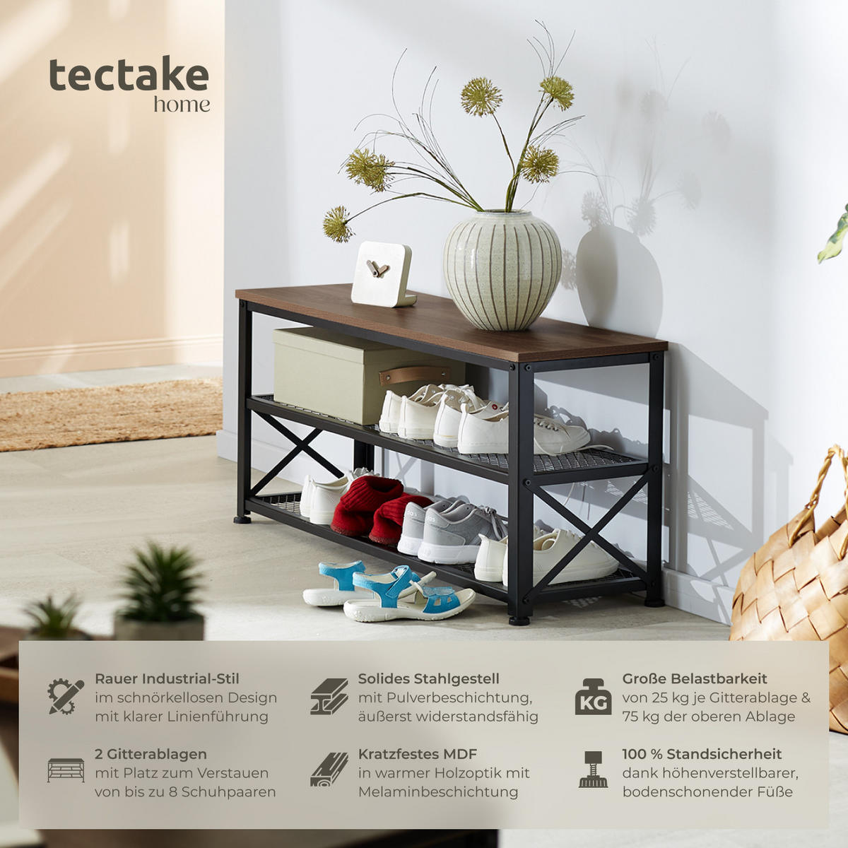 SCHUHREGAL Blackpool,101 x 30,5 x 45,5 cm,Industrial Holz dunkel, rustikal - Rostfarben, Holz (30.5/45.5/101cm) - tectake