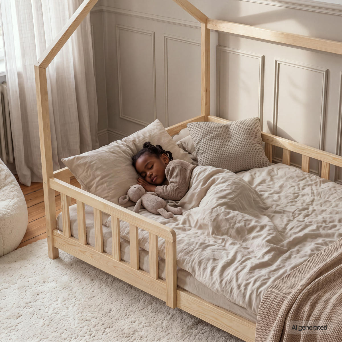 HAUSBETT Hesel mit Matratze - Naturfarben, Holz/Textil (140/200cm) - [en.casa]