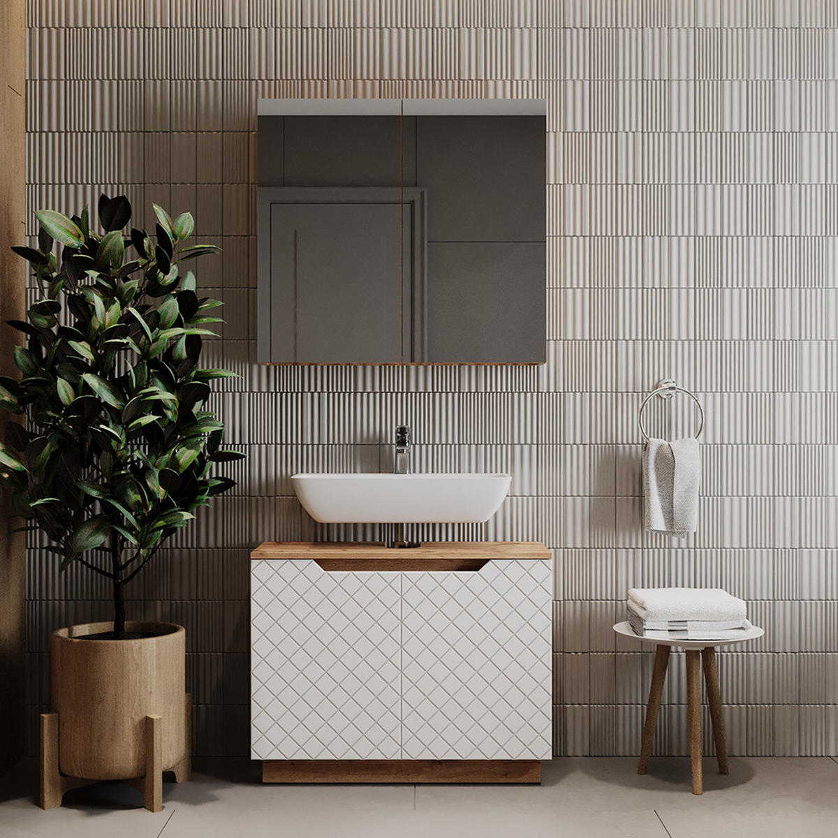 KOUPELNOVÝ NÁBYTEK Lotta Dub/bílá se strukturou dlaždic - bílá/barva dubu, kompozitní dřevo (79.6/62.1/32cm) - Vicco