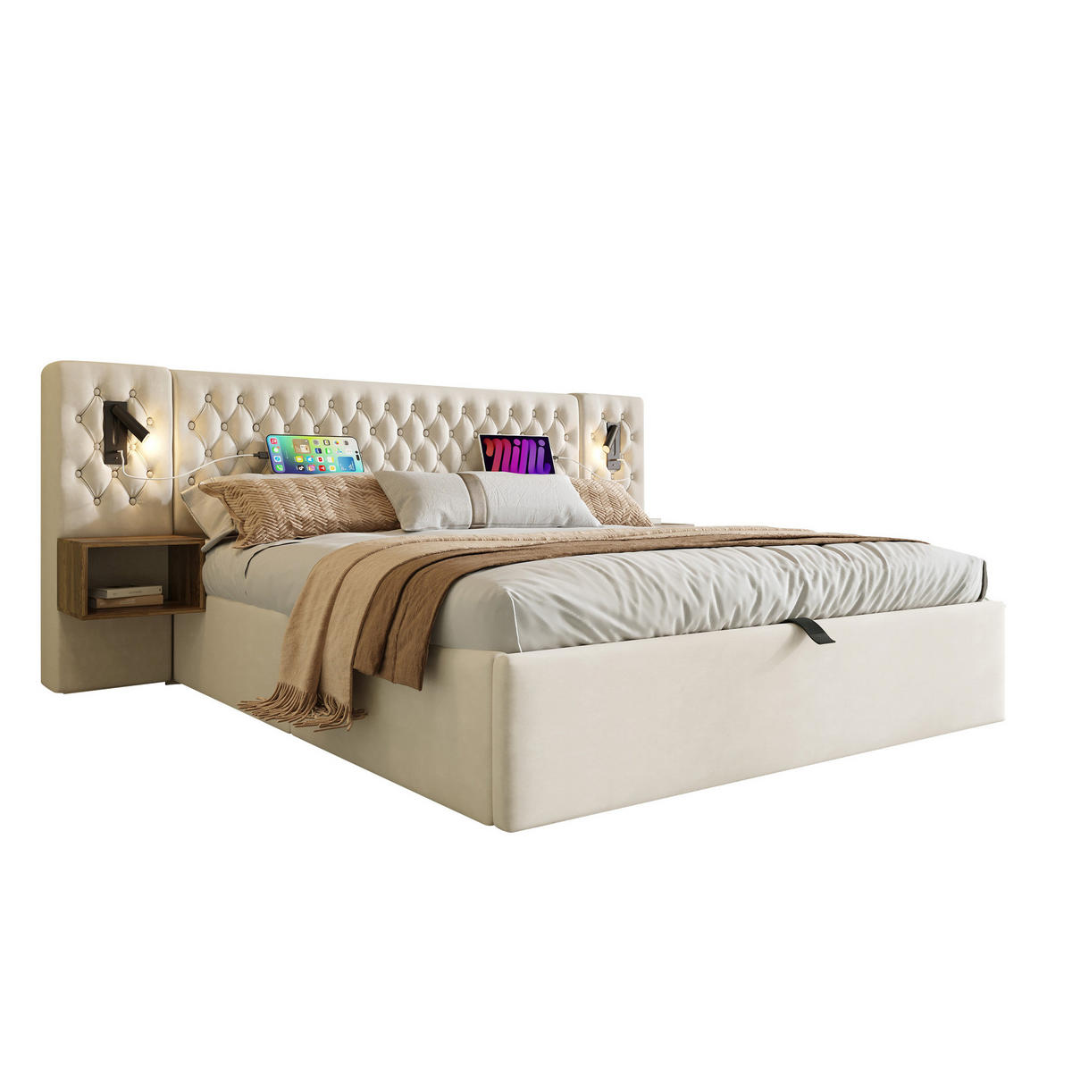 SAMT-POLSTERBETT 160/200 cm mit Bettkasten, Nachttischen und Leselicht in Beige - Beige, Textil (160/200cm) - BEAOK