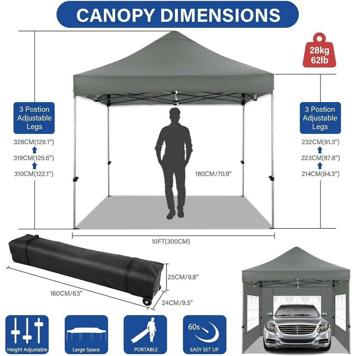 FALTPAVILLON 3x3 m Grau wasserdicht mit 4 Seitenteilen - Grau, Textil (300/328/300cm)