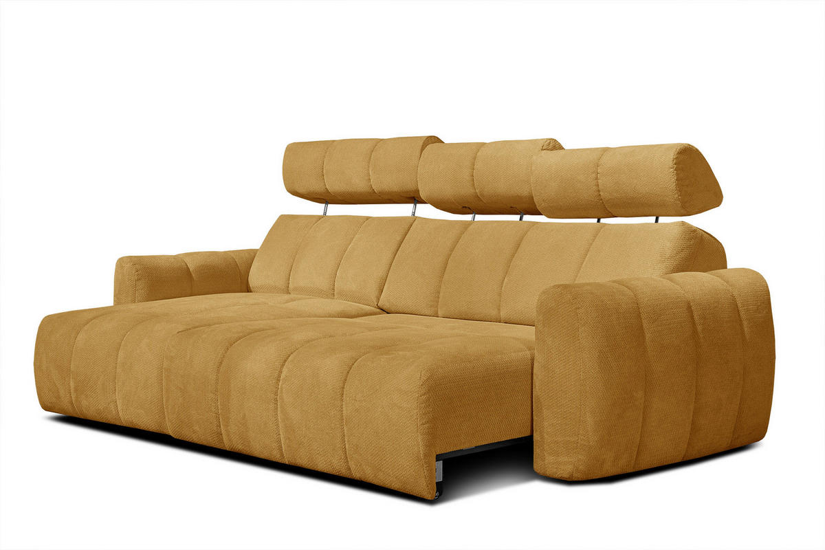 ECKSOFA KIMI 3-Sitzer, ausziehbarer Sitz, verstellbare Kopfstützen, senfgelb - Gelb/Schwarz, Holzwerkstoff/Textil (270/160cm) - Courtois Laville