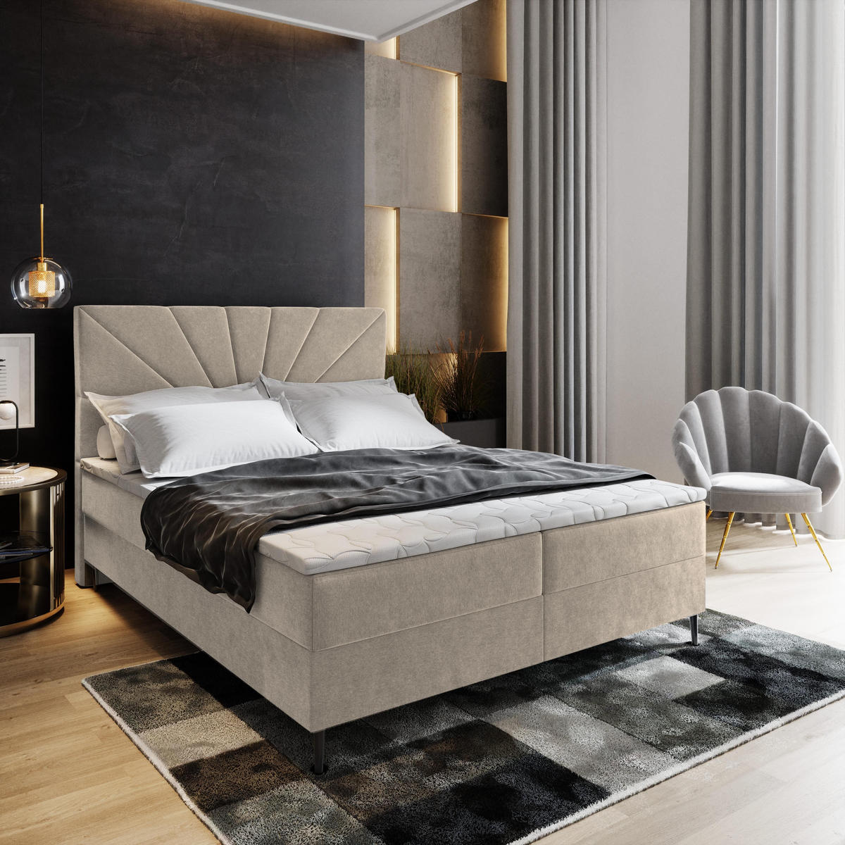 BOXBETT MURI 160x200 cm mit Matratze und Topper - Beige - Beige, Holz (160/200cm) - MASSENO