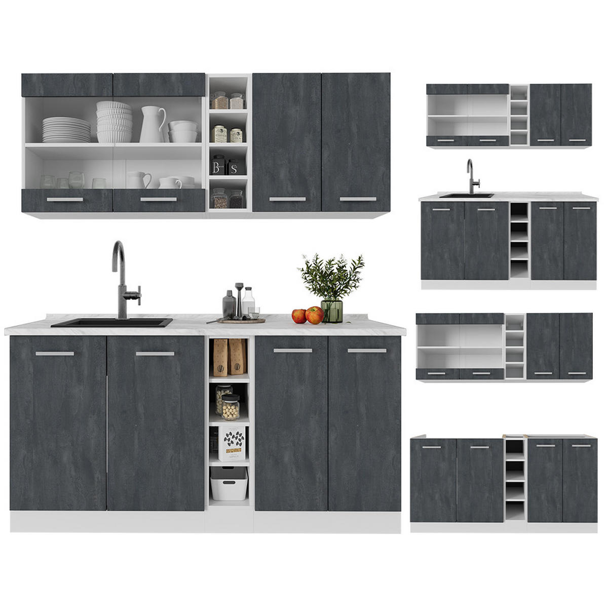 SINGLEKÜCHE R-Line Schwarz Beton/Weiß 160 cm ohne AP - Schwarz/Weiß, Holzwerkstoff (160/81.6/46cm) - Vicco