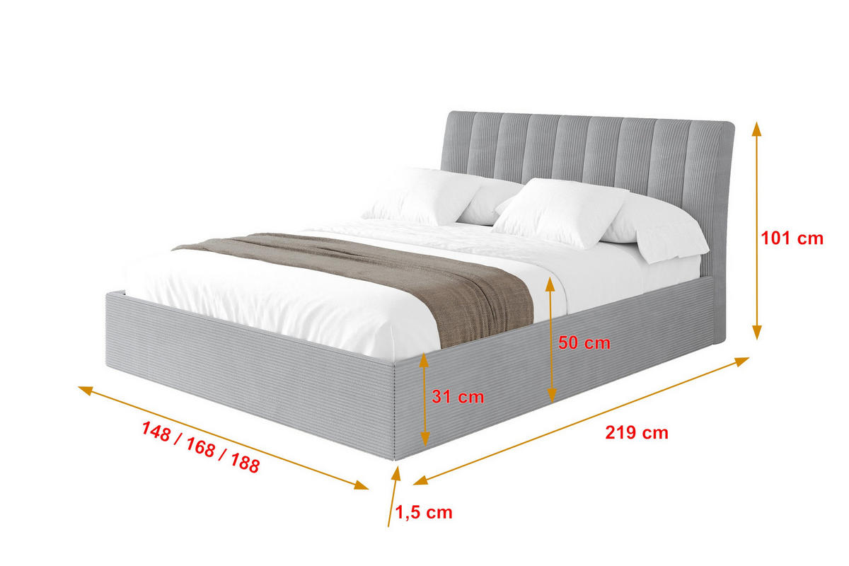 POLSTERBETT mit Bettkasten und Lattenrost, Boxbett ohne Matratze - ILAN 180x200 Grau - Alufarben, Holzwerkstoff/Textil (180/200cm) - ALTDECOR