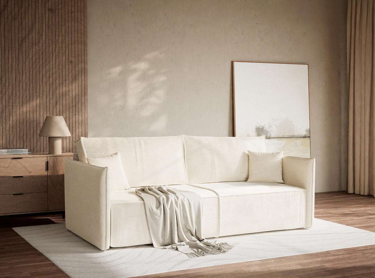 SOFA MIT SCHLAFFUNKTION Obra Creme Chenille-Stoff - Creme/Schwarz, Holz/Holzwerkstoff (220/70/107cm) - Maison de Reve