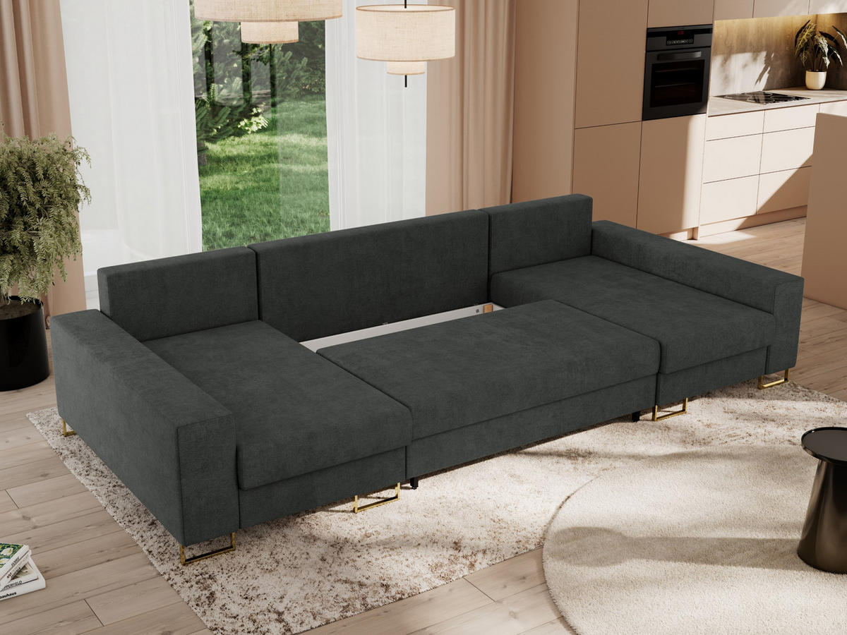 WOHNLANDSCHAFT DORIAN U Struktur Dunkelgrau - Dunkelgrau/Goldfarben, Textil/Metall (312/95/138cm) - MKS
