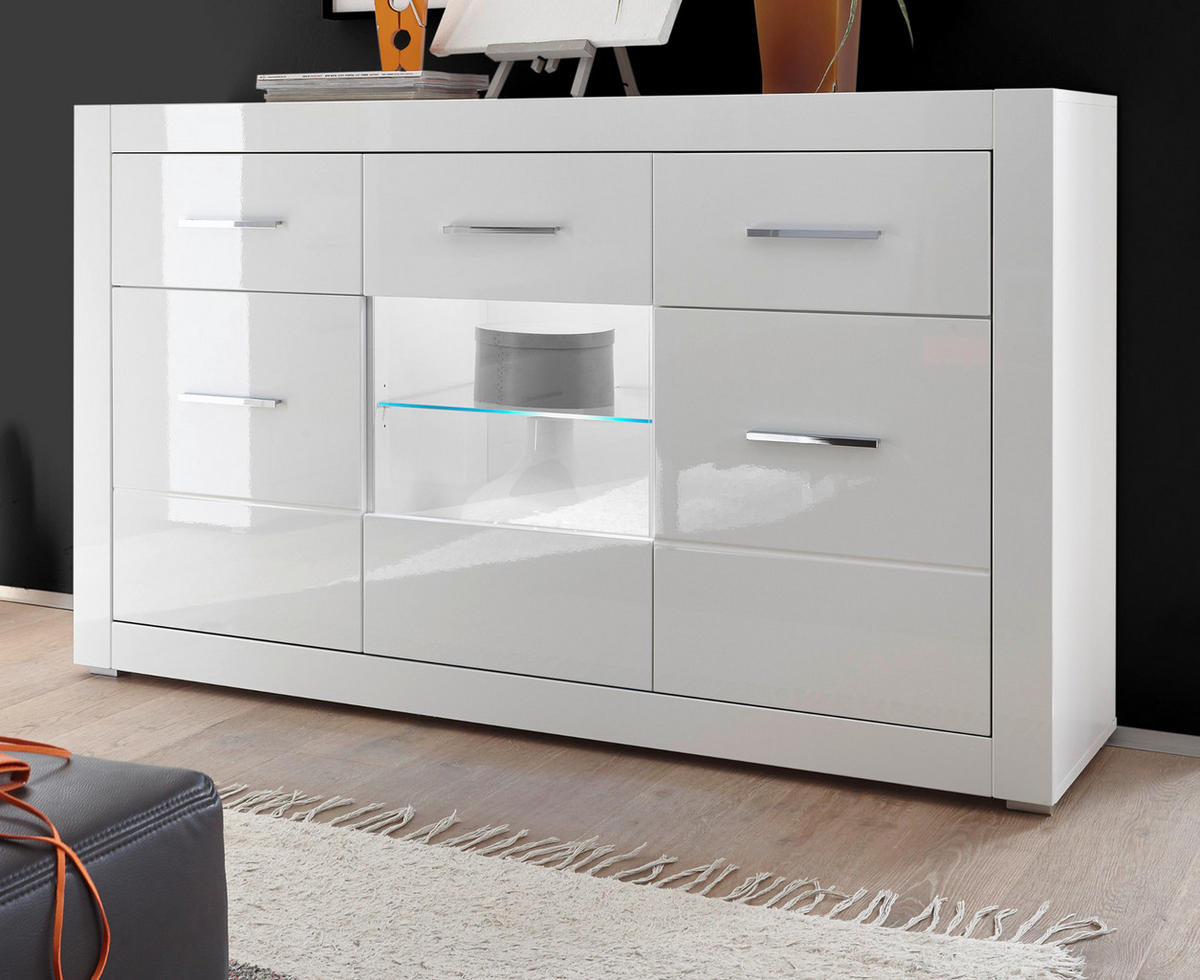 SIDEBOARD weiß Hochglanz 164 cm, Kommode mit 6 Fächern - Chromfarben/Weiß Hochglanz, Glas/Holzwerkstoff (164/97/42cm) - Furn.Design