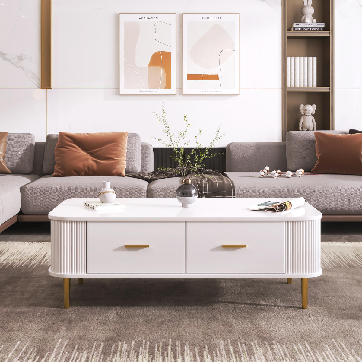 COUCHTISCH 105/51/38 cm Weiß aus MDF mit 4 Schubladen und goldfarbenen Beinen - Weiß, Holzwerkstoff (105/51/38cm) - OKWISH