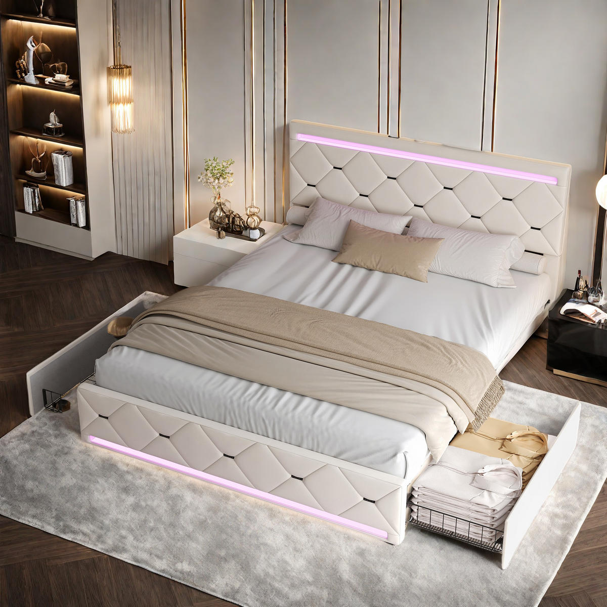 POLSTERBETT 140x190 cm Creme Samt LED USB 4 Schubladen Stauraum - Beige, Holz (140/190cm) - SHOPENTRA