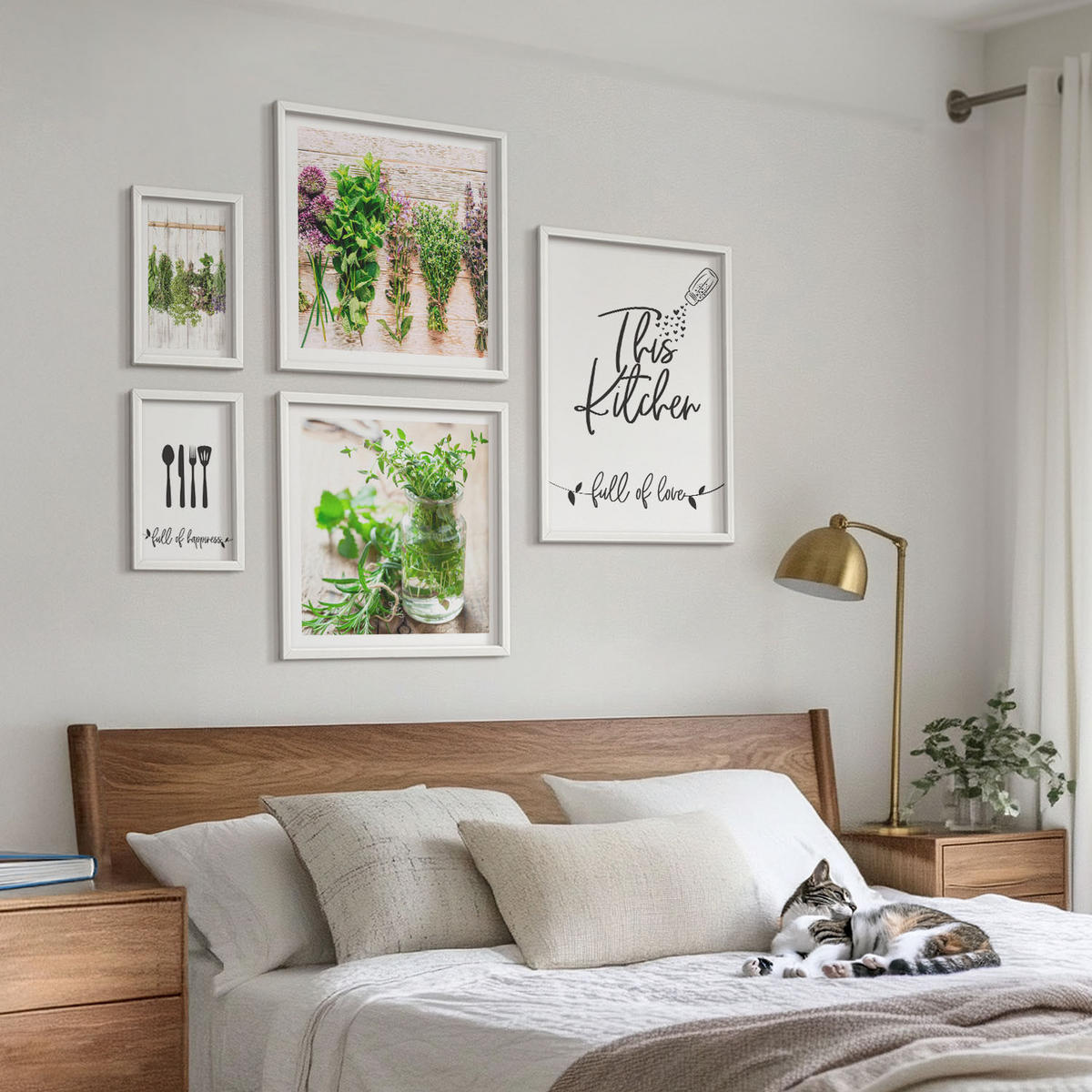 BILDER SET 5er Set - 50x50 cm & 20x30 cm & 40x60 cm Weißer Rahmen - Kräuterpflanzen zum Trocknen in der Küche - Weiß, Kunststoff (40/60cm) - TULUP