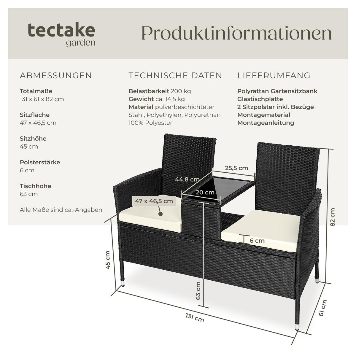 RATTAN GARTENSITZBANK Narbonne,131 x 59 x 82 cm,schwarz/beige - Beige/Schwarz, Kunststoff (61/82/131cm) - tectake