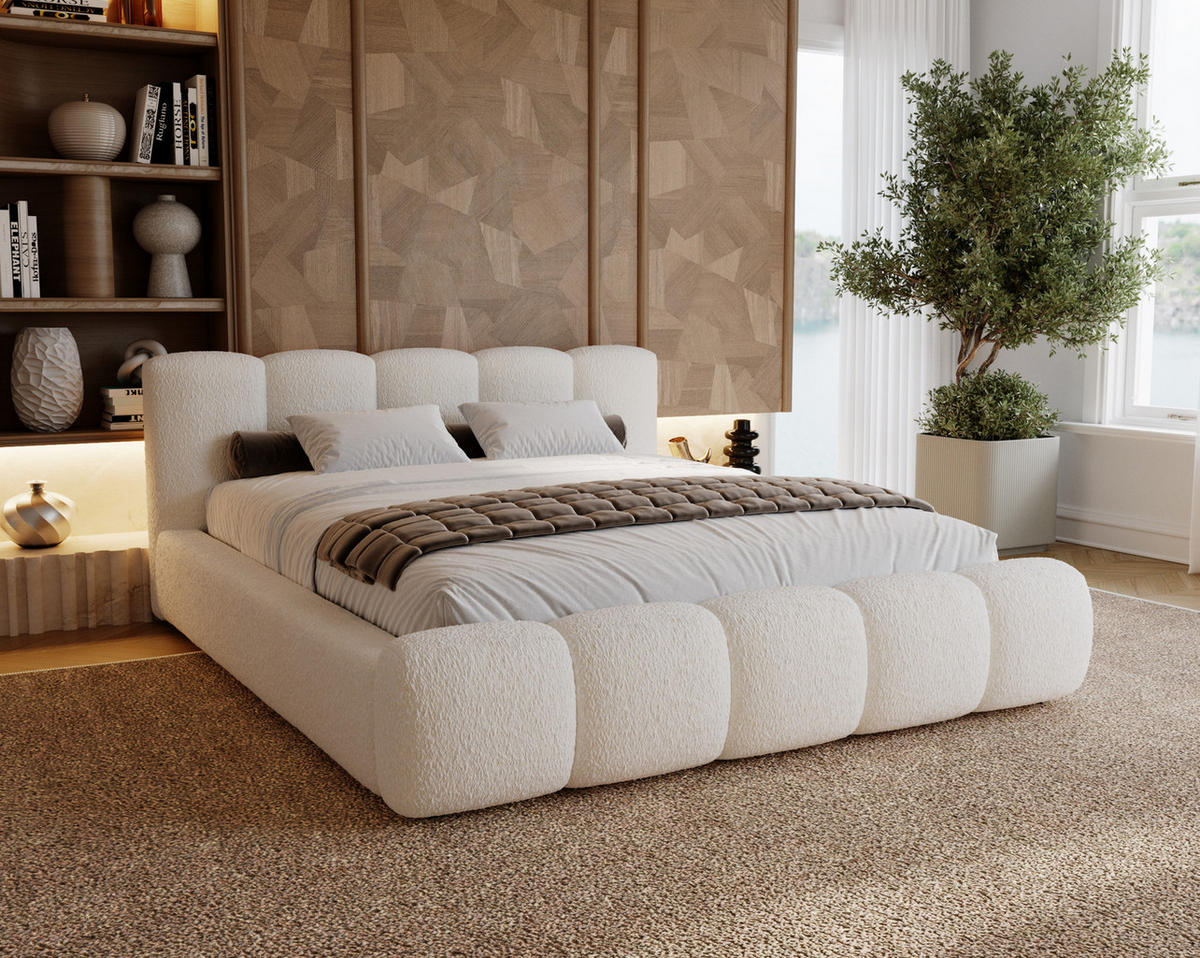 POLSTERBETT bouclé 200x200 Ravello mit Bettkasten, Lattenrost, Creme - Creme, Holz/Textil (200/200cm) - Emporius