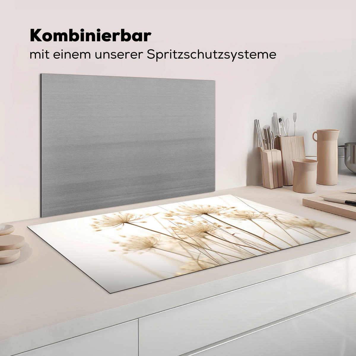 HERDABDECKPLATTE Blumen - Weiß - Sonnenlicht 89x51 cm - Ecru, Kunststoff (89.6/51.6/0.2cm) - MuchoWow