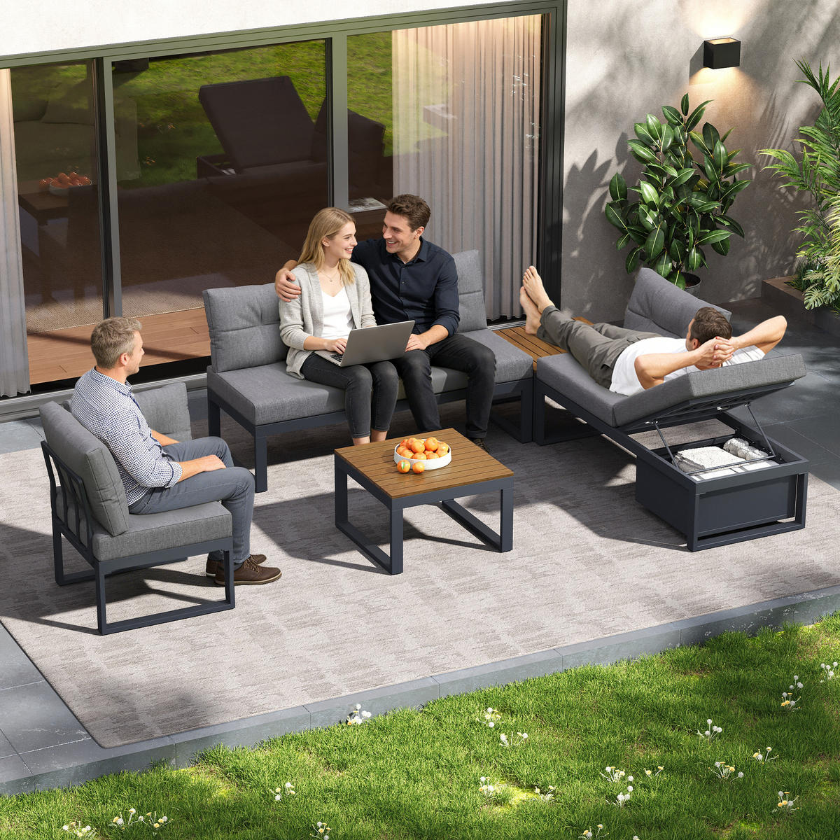 GARTENMÖBELSET 191,5/191,5/79 cm grau aus Polyester und Eisen mit Stauraum und Liegefunktion - Grau, Textil - OKWISH