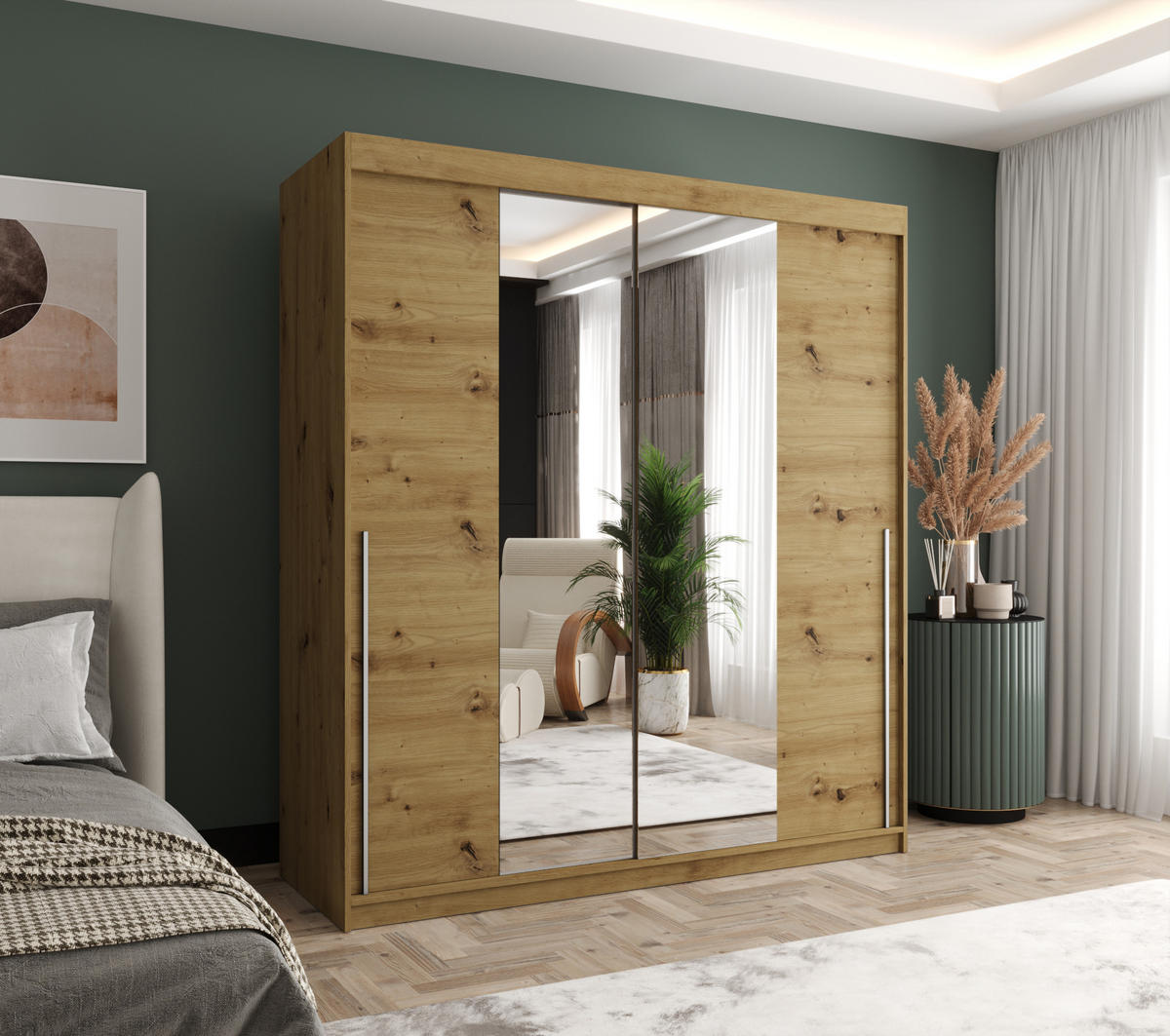 SCHIEBETÜRENSCHRANK mit Spiegel 180 cm Breite Artisan mit silbernem Griff - Silberfarben/Eiche Artisan, Holzwerkstoff (180/200/62cm) - Home Collective
