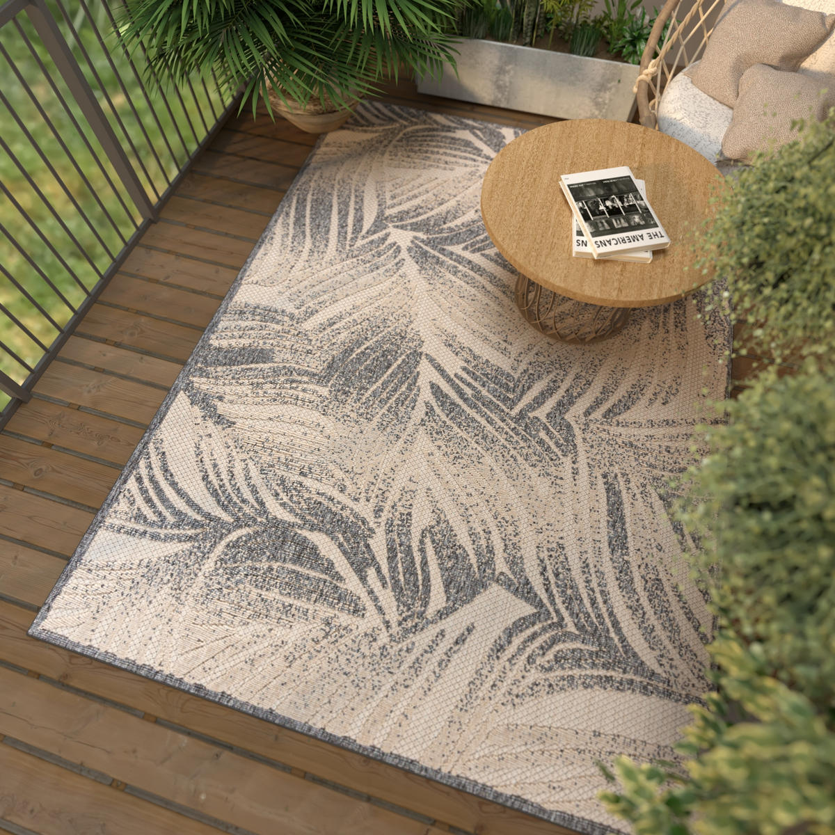 TEPPICH Beige In-Outdoor - Kurzflor Rechteckig, Motiv Pflanzen,Blätter,Blumen - Grau - 140 x 200 cm - Creme/Grau, Textil (140/200cm) - Mazovia