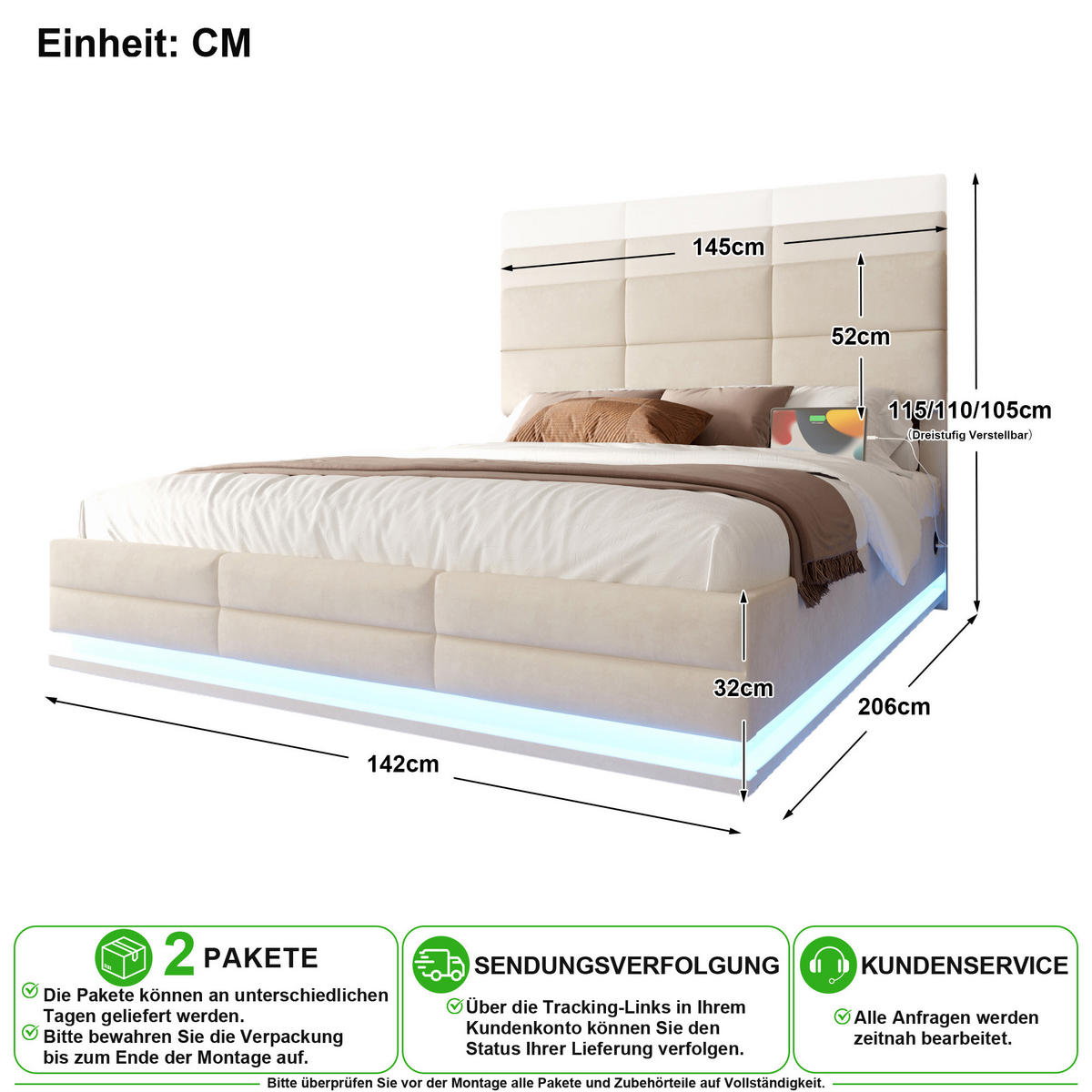 POLSTERBETT 140/200 cm in Beige Samt mit Stauraum, LED und USB - Beige, Holzwerkstoff/Textil (140/200cm) - CHICFURN