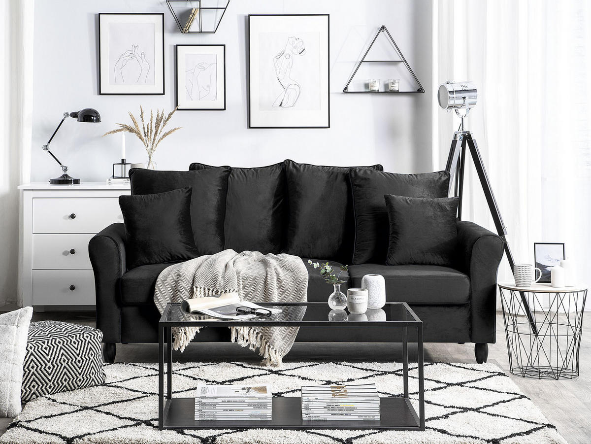 3-SITZER-SOFA Samtstoff Schwarz Bornholm - Schwarz, Textil (197/76/79cm) - Beliani