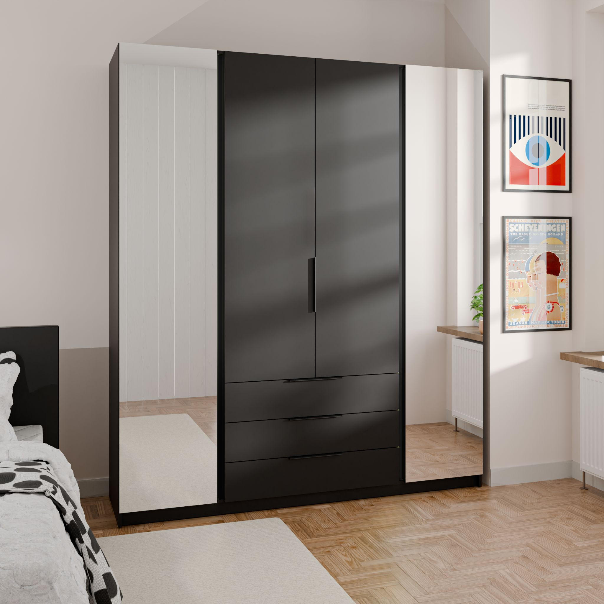 DREHTÜRENSCHRANK CAGLIARI 200/239/61,9cm 4-türig mit Spiegel Schwarz - Schwarz, Holzwerkstoff (200/239/61.9cm) - MASSENO