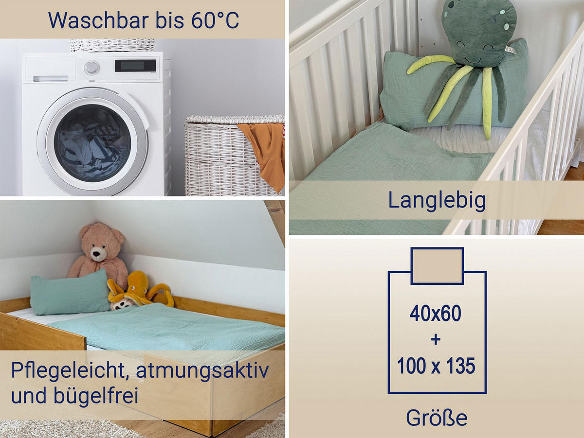 BETTWÄSCHE, 2er-Set, 40x60+100x135 cm, 100% Baumwolle, Grün - Salbeigrün, Textil (100/135cm) - Zollner