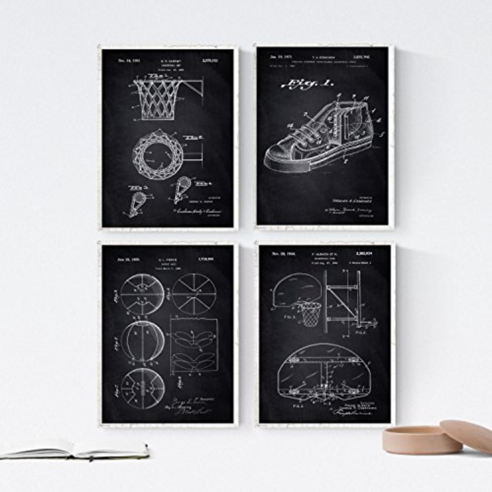 POSTER Set mit 4 Schwarz Patenten Basketball A4 Rahmenlos - Klar, Papier (29.7/3cm) - Nacnic