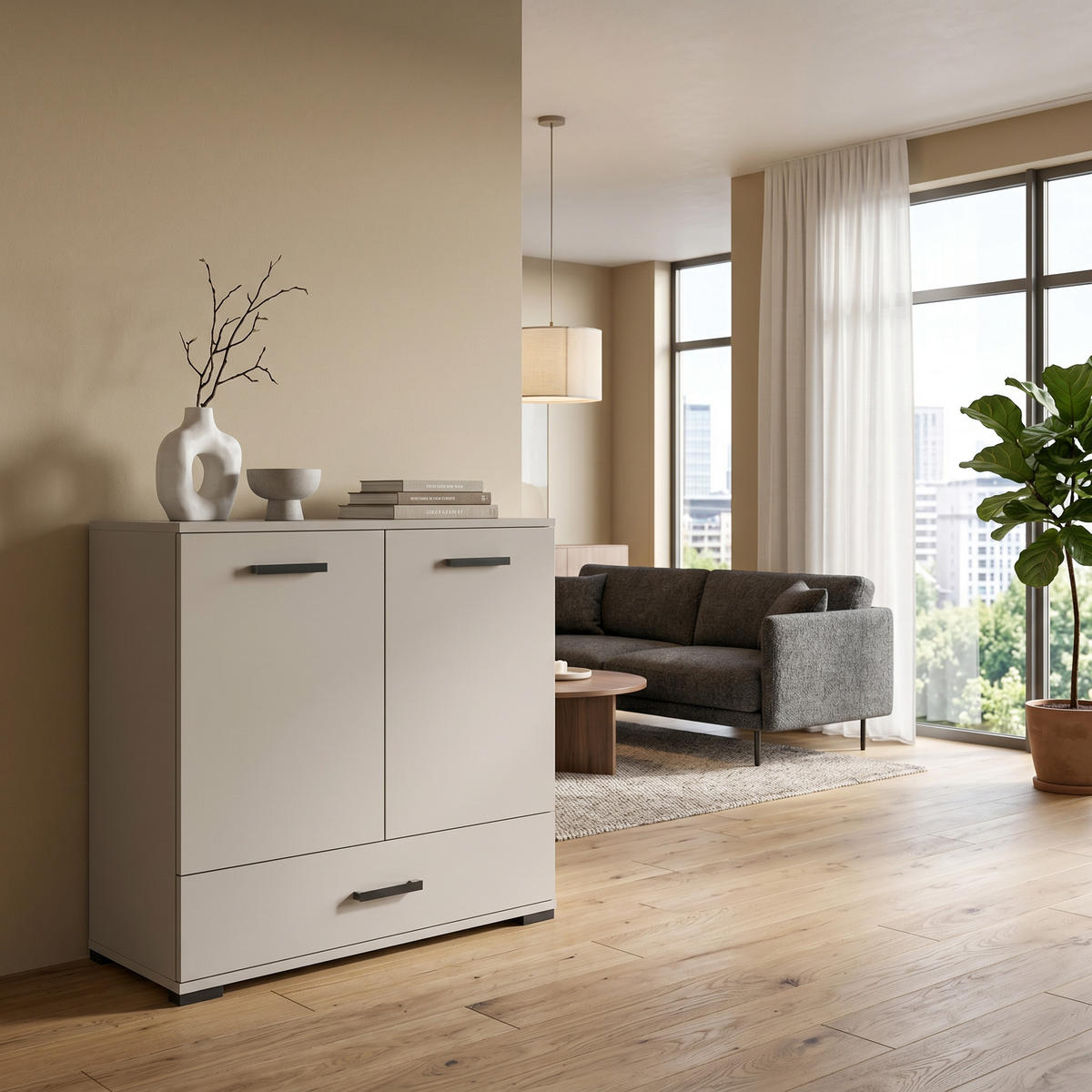 KOMMODE ALBANO 90/83/40cm mit 1 Schubladen 2 Türen Kaschmir - Kaschmir, Holzwerkstoff (90/83/40cm) - MASSENO