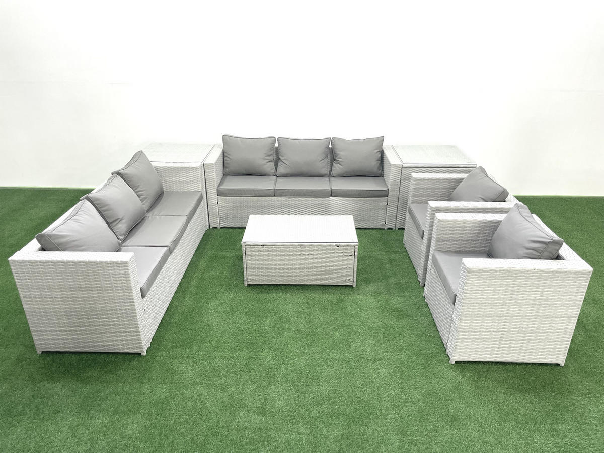 GARTENGARNITUR mit 3-SITZER SOFA,COUCHTISCH Polyrattan Hellgrau-Mix 8-Sitzer - Hellgrau/Grau, Glas/Kunststoff - Fimous