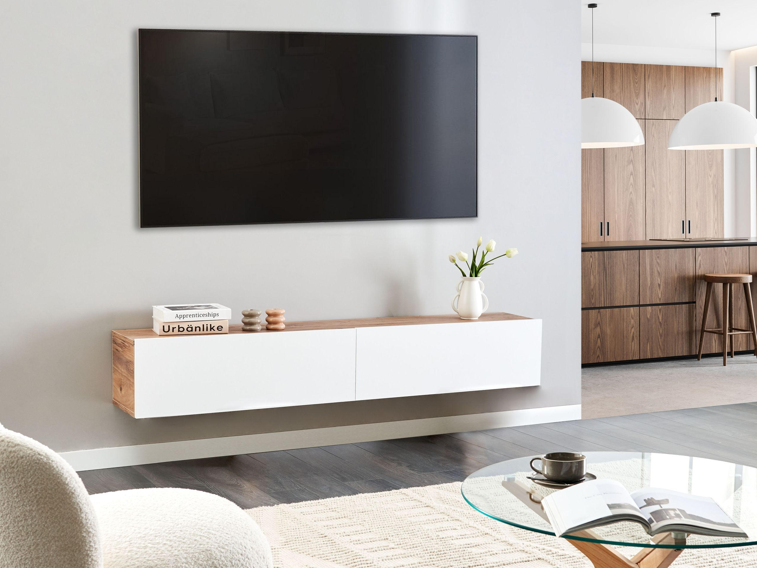 WANDMONTIERTER-TV-SCHRANK Weiß/Braun Gladstone - Weiß/Braun, Holzwerkstoff (180/30/32cm) - Beliani