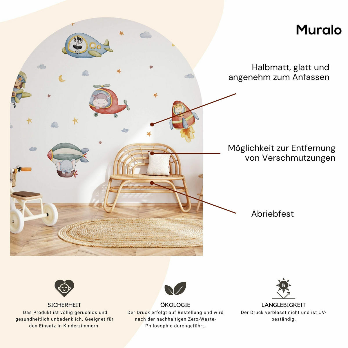 STICKER SET für Kinder Wilde Tiere Sterne Monde Wolken 60x30 - Gelb/Rot, Papier (60/30/1cm) - Muralo