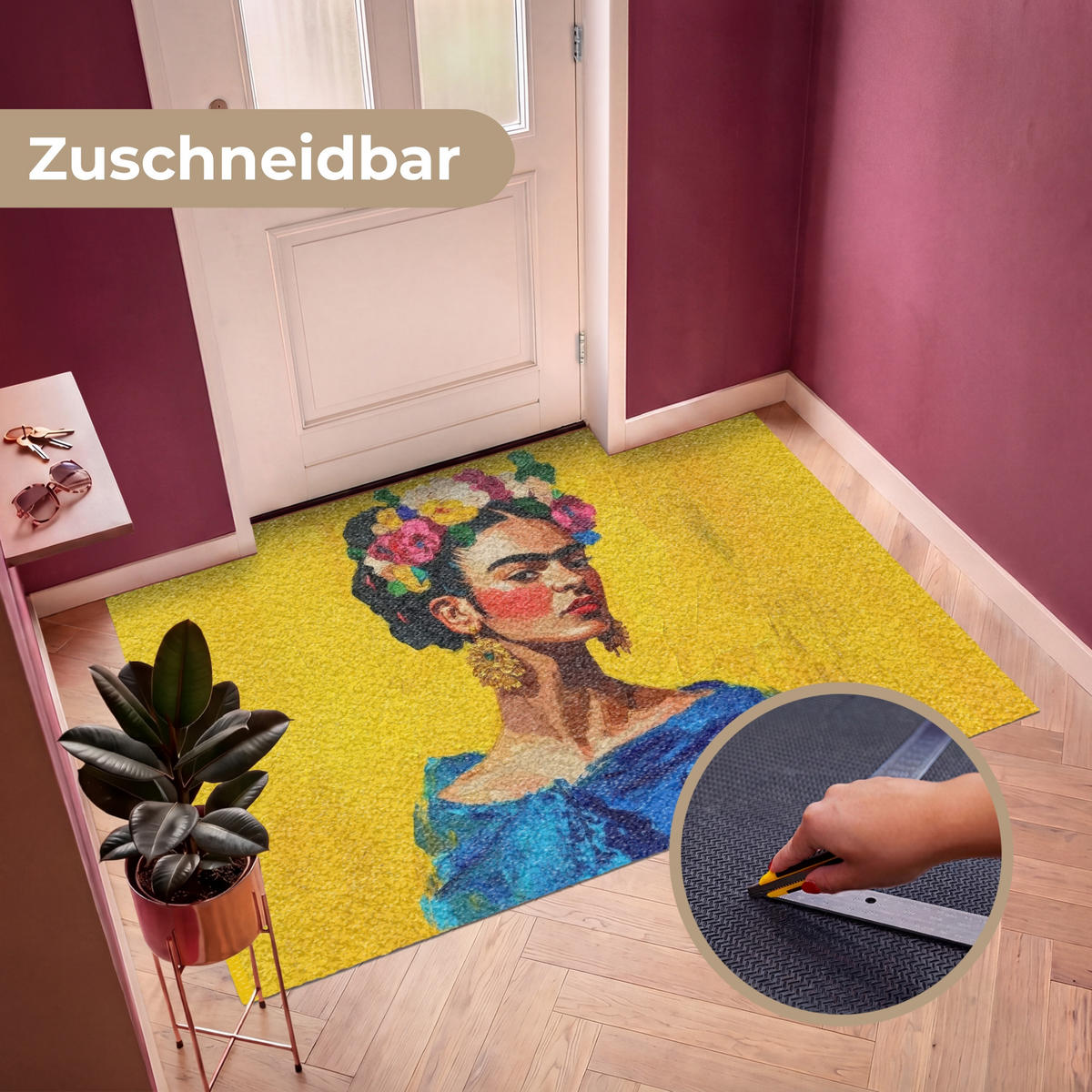 FUSSMATTE Frida Kahlo - Frau - Gelb - Blau - Blumen Schmutzfangmatte 180x120 cm - Gelb, Kunststoff (180/120cm) - MuchoWow
