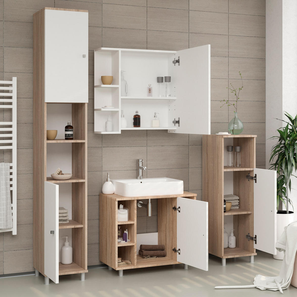 BADMÖBEL-SET Fynn Sonoma 3 Teile, mit Midischrank - Weiß/Sonoma Eiche, Holzwerkstoff (60/54/32cm) - Vicco