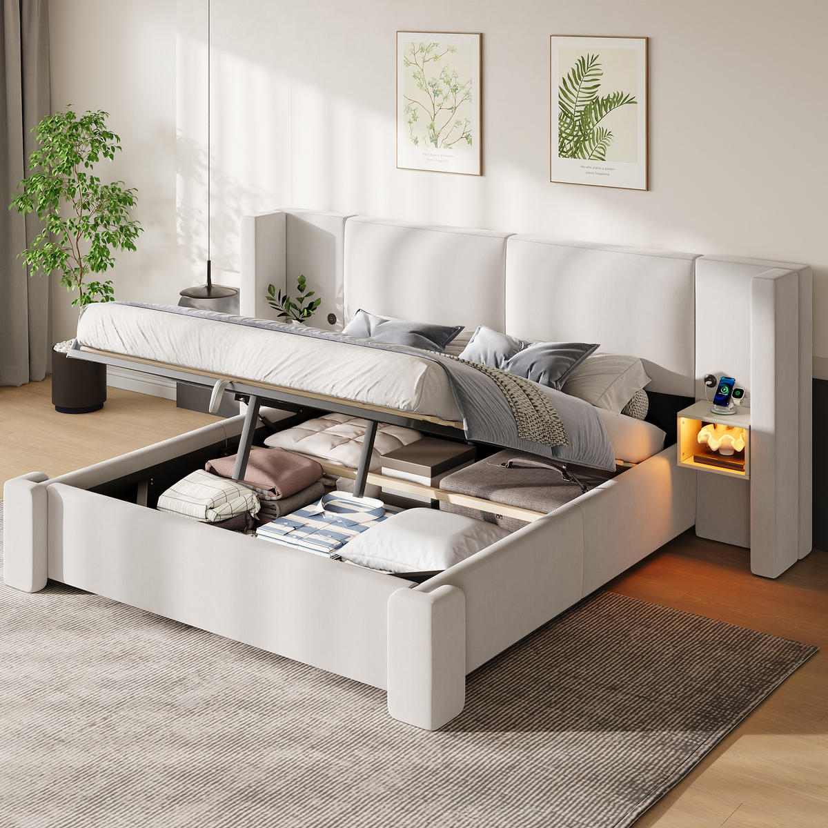 POLSTERBETT 180x200cm mit hydraulischer Staufunktion, Beige- Leinen - Beige, Textil (180/200cm) - KOMHTOM