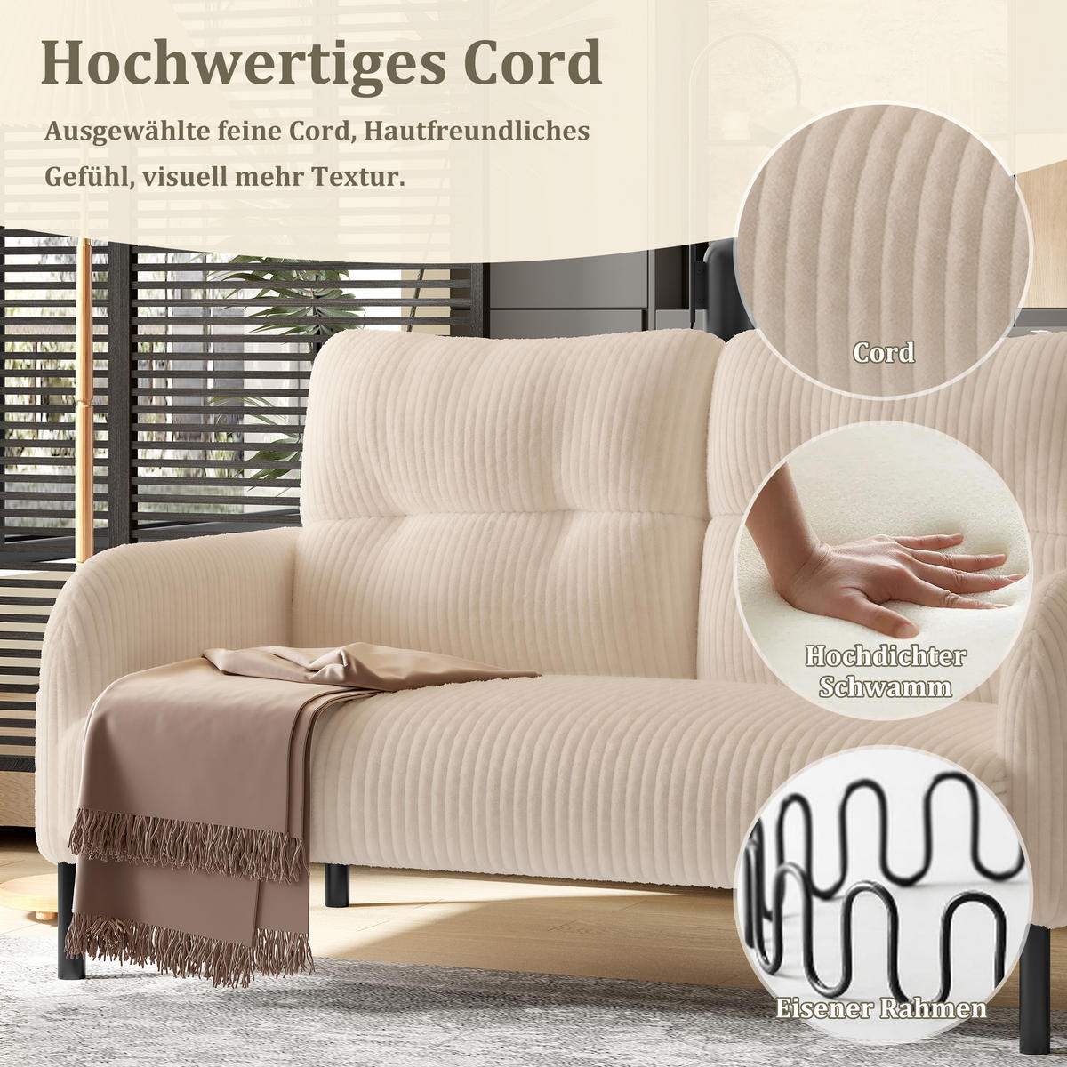 2-SITZER-SOFA Stoffcouch mit Seitentaschen,Cord,Beige - Beige, Textil (120/79/75cm) - LVHOM