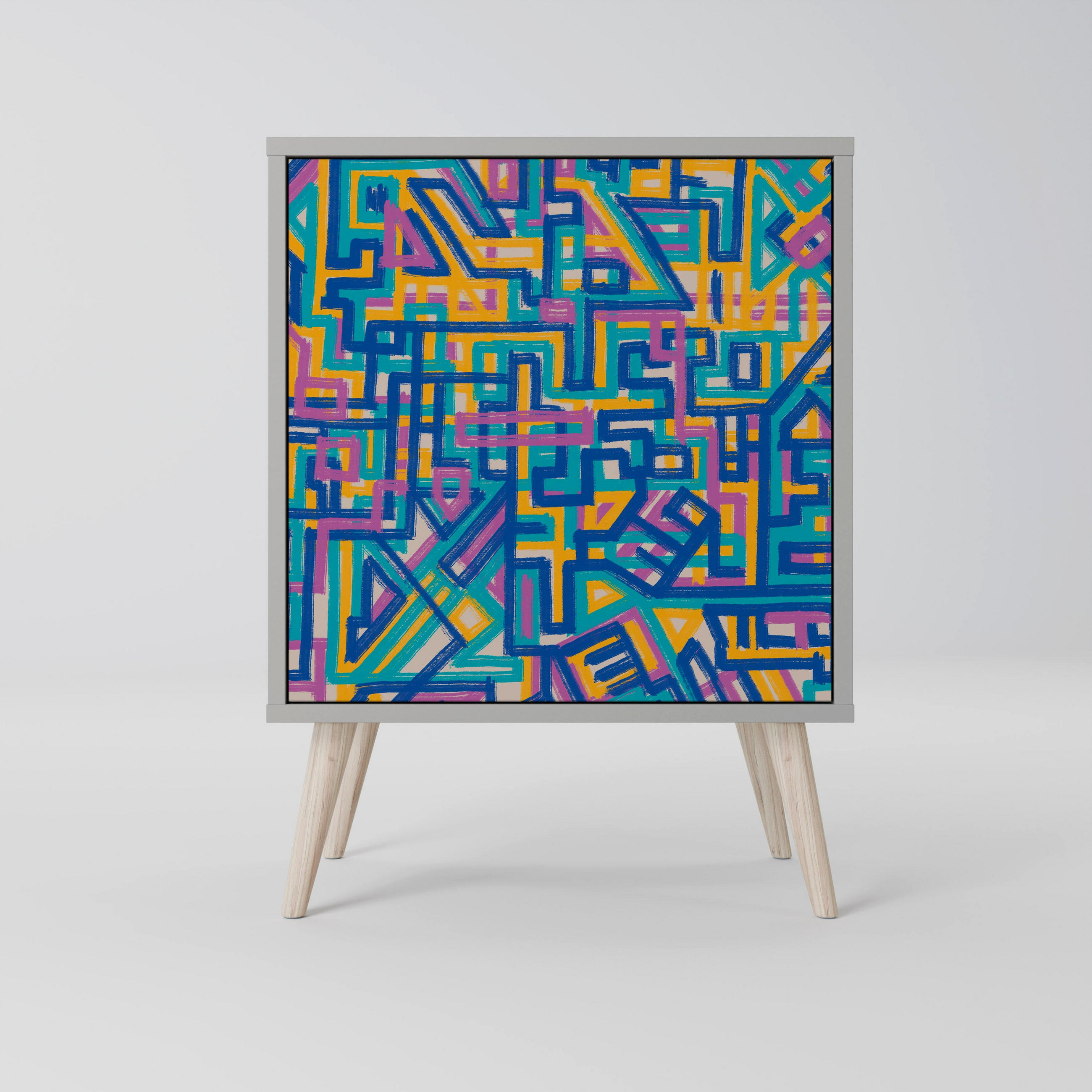 SIDEBOARD MEMORIES MAP, Grau, 57,5x42x77,5 cm, Schräge Buchenholzfüße - Buchefarben/Multicolor, Holzwerkstoff/Buchenholz (57.5/77.5/42cm) - SpaceRebels