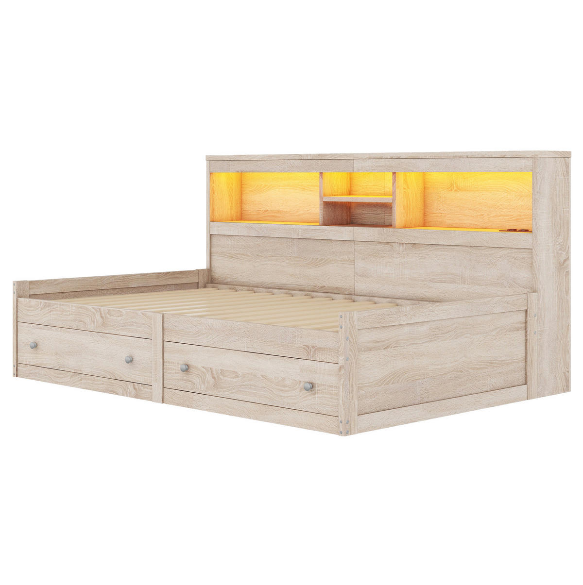 KREVET 90/200 cm od iverice i MDF-a s LED ambijentalnim osvjetljenjem, 2 USB priključka i ladicama, Natur - prirodne boje, drvni materijal (90/200cm) - Redom