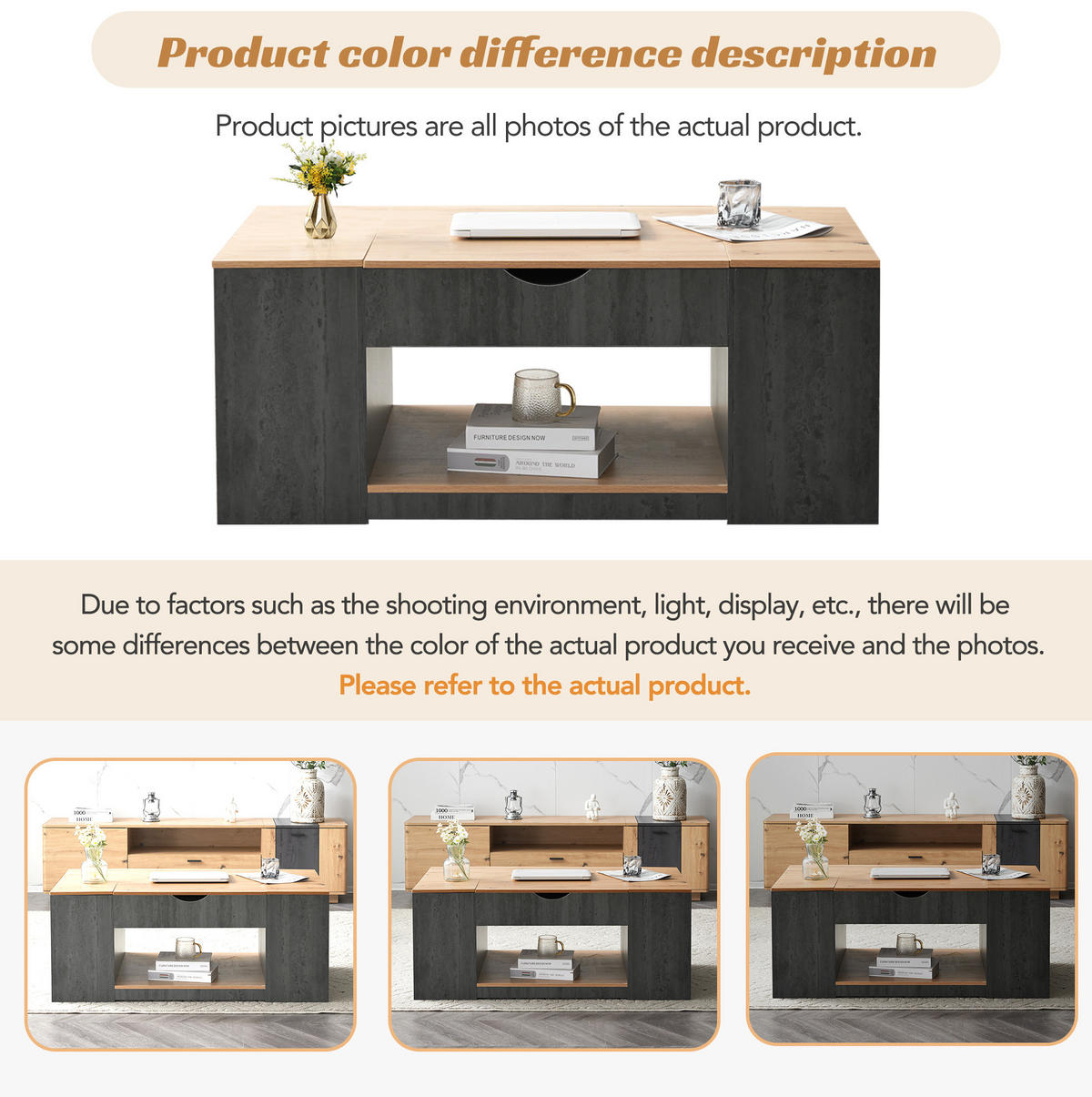 COUCHTISCH 109.5/59.7/43 cm in Grau/Braun aus MDF mit Liftfunktion und Stauraum - Grau, Holzwerkstoff (109.5/59.7/43cm) - OKMYHOME