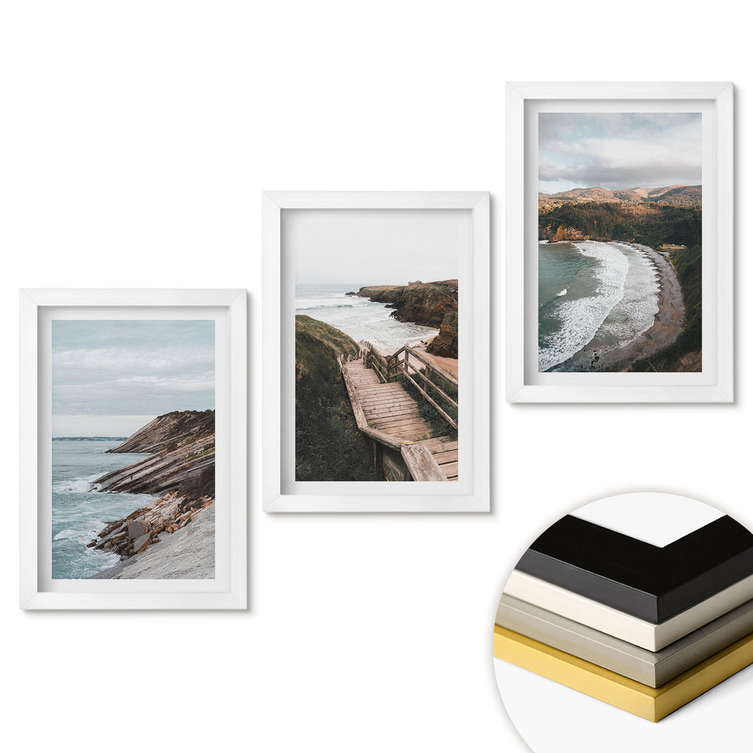 WANDBILDER 3er-Set - 20x30 cm Weißer Rahmen - Klippenblicke, Strandlandschaften - Weiß, Kunststoff (20/30cm) - ArtPrintCave