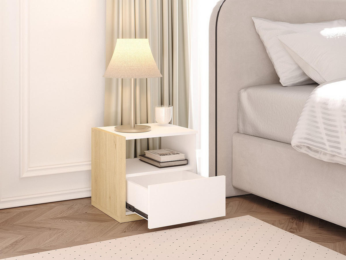 2ER-SET Nachttische skandinavisch mit 1 Schublade & 1 Ablage - Weiß & Holzfarben - NAPOLI II - Naturfarben, Holz (46.4/43/39cm) - Vente-Unique