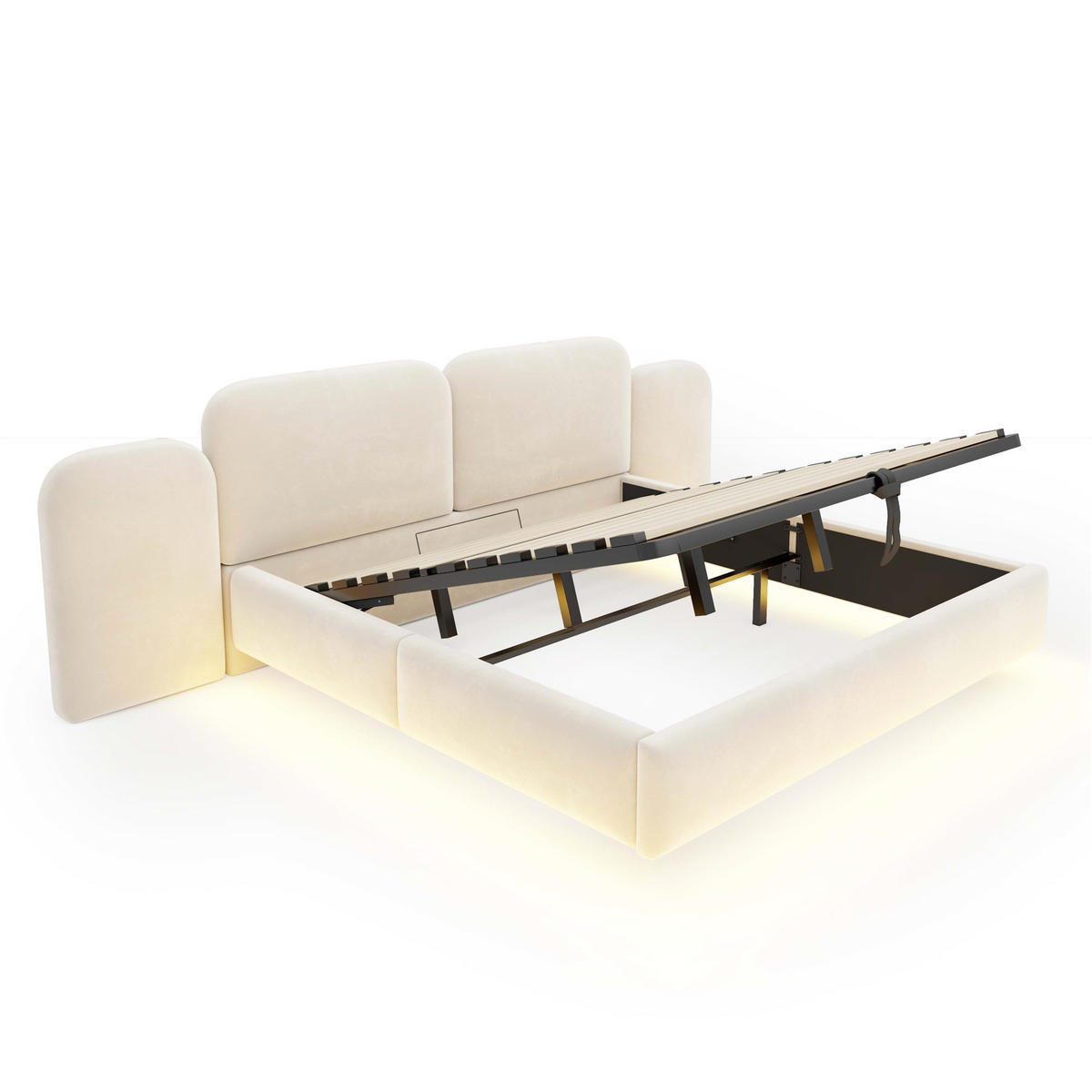 STAURAUMBETT 180/200 cm mit Hydraulik, RGB-LED und USB, DE-41706, in Beige - Beige, Holzwerkstoff (180/200cm) - ComfortXL