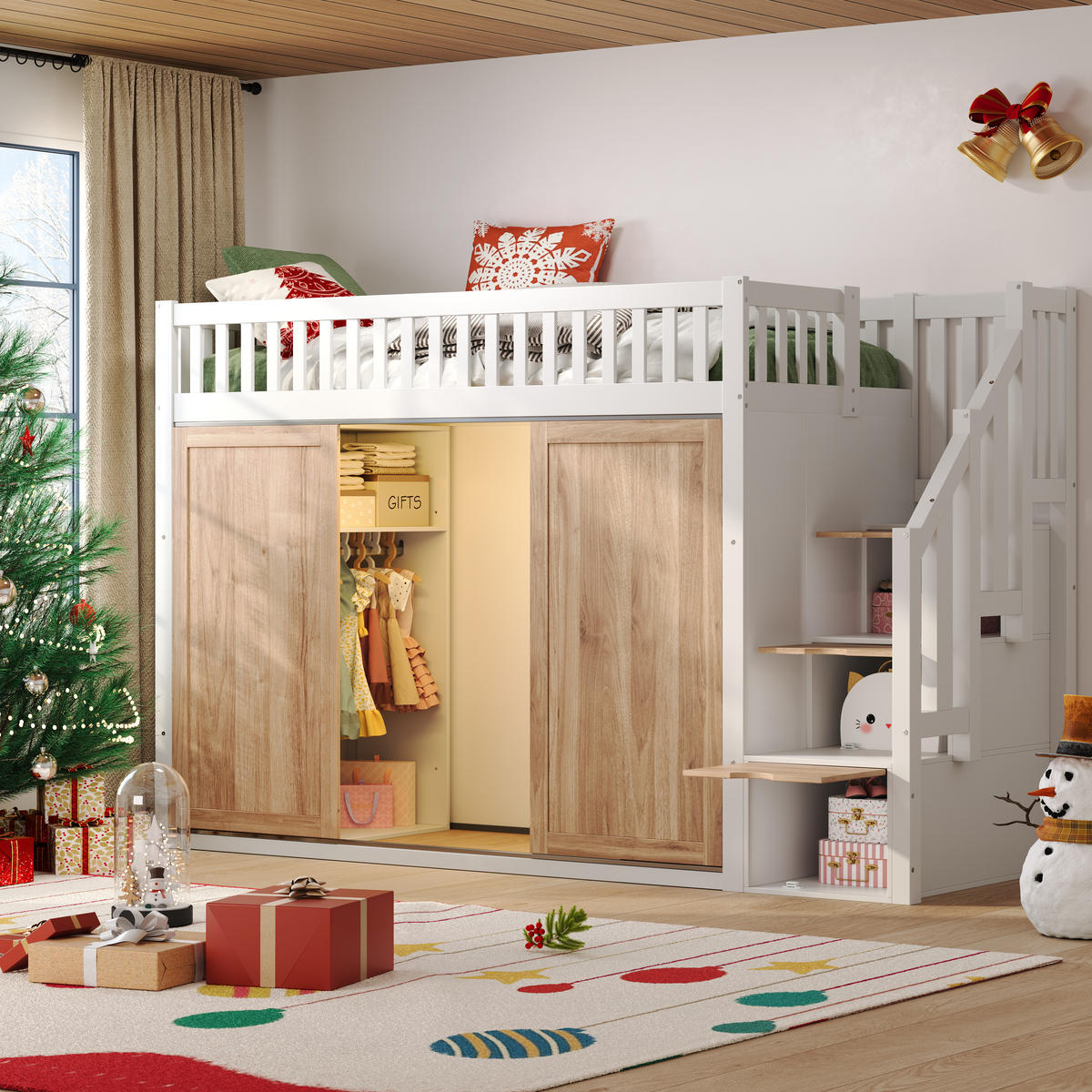 HOCHBETT 90/200 cm in Weiß & Eiche mit Kleiderschrank, Treppenschrank und LED - Weiß, Holz/Holzwerkstoff (90/200cm) - WISHDOR