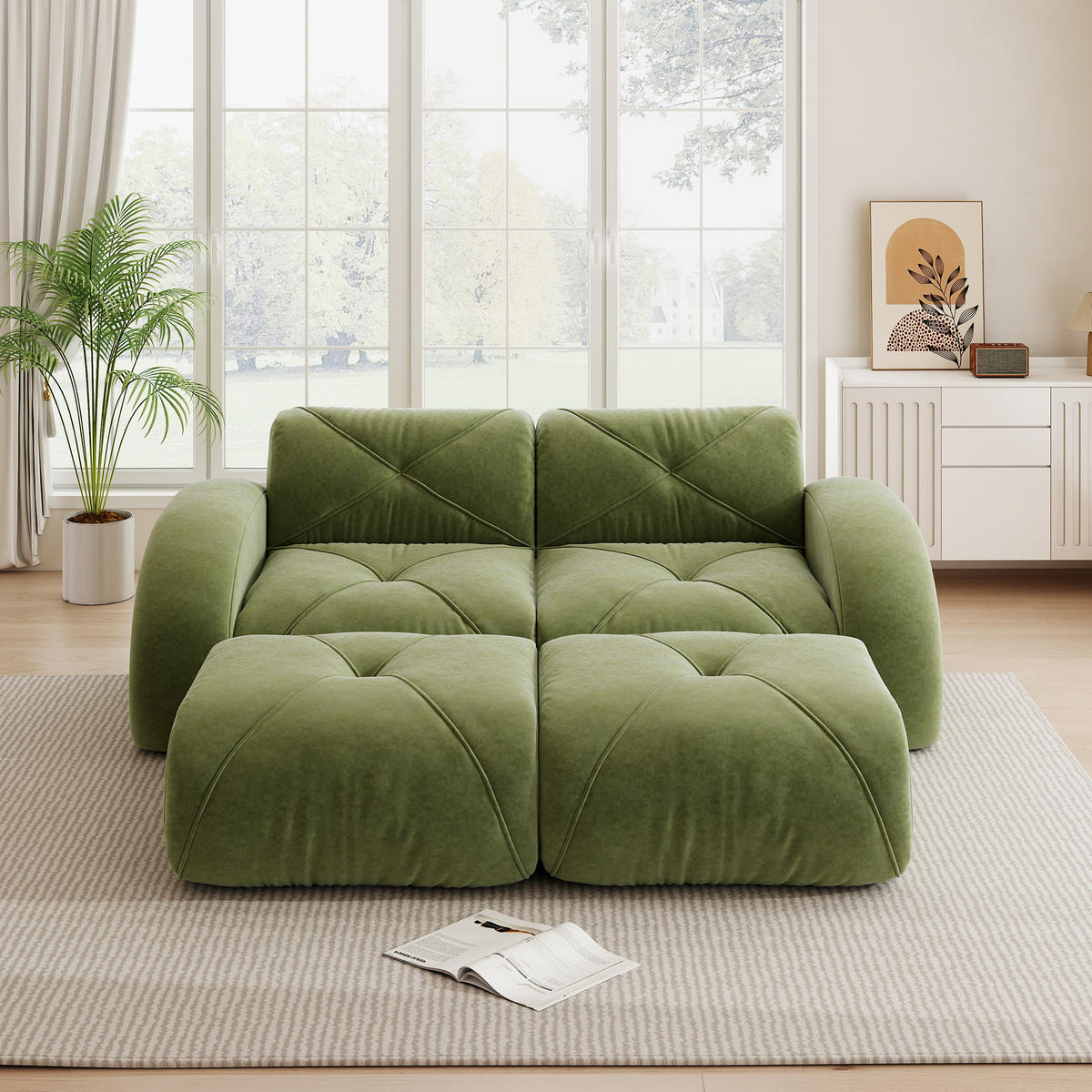2-SITZER Sofa 204×171×76 cm Chenille rahmenlos modular 2 Hockern, grün - Grün, Textil (171/76/204cm) - Luhomfu