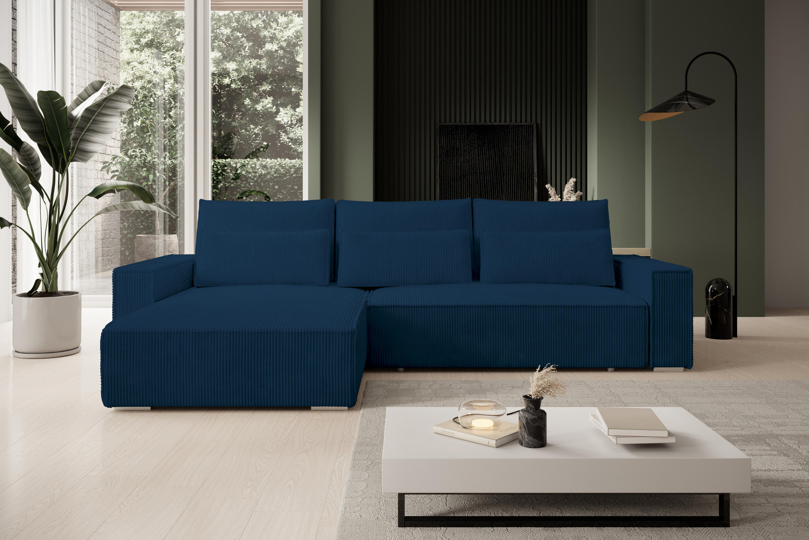 ECKSOFA Alice mit Bettkasten und Schlaffunktion, Cordstoff in L-Form - Blau, Textil (289/184cm)