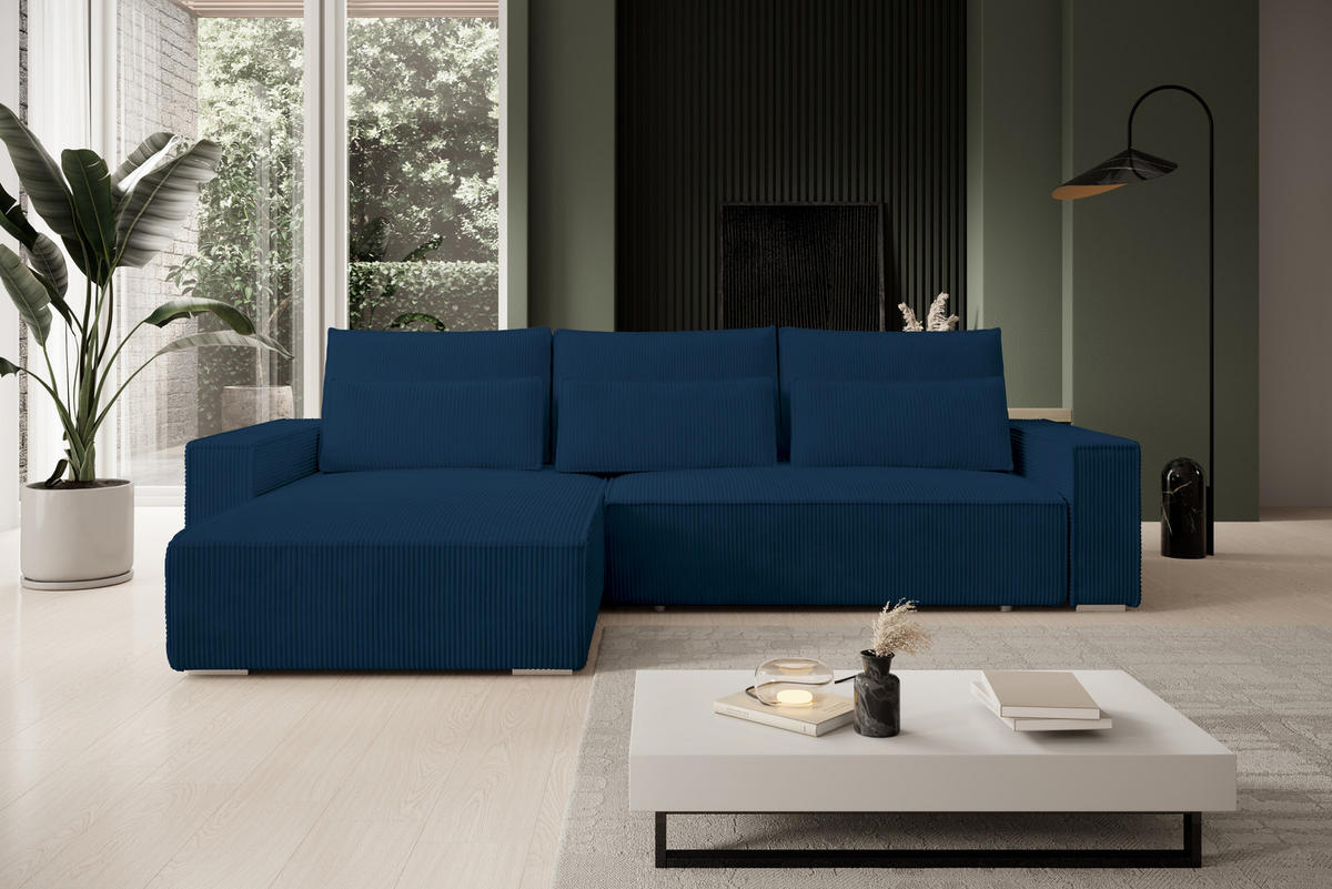 ECKSOFA Alice mit Bettkasten und Schlaffunktion, Cordstoff in L-Form - Blau, Textil (289/184cm)