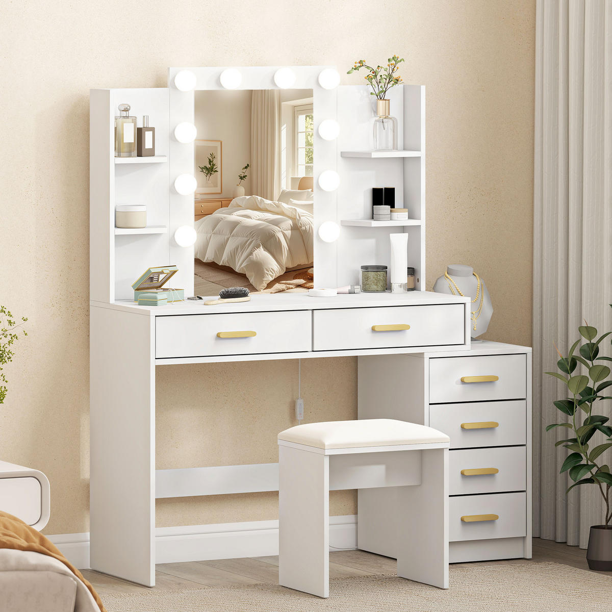 SCHMINKTISCH mit Hocker MDF Glas Weiß - Goldfarben/Weiß, Holzwerkstoff/Metall (40/140/120cm) - HOMCOM