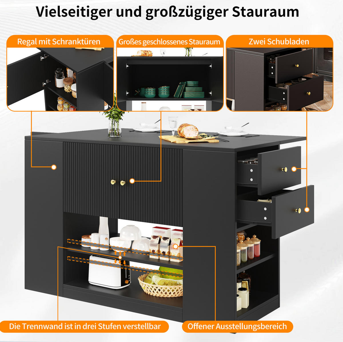 KÜCHENINSEL mit Klapptisch 140 x 40 x 90 cm Schwarz MDF - Schwarz, Holz (40/90/140cm) - Beauniv