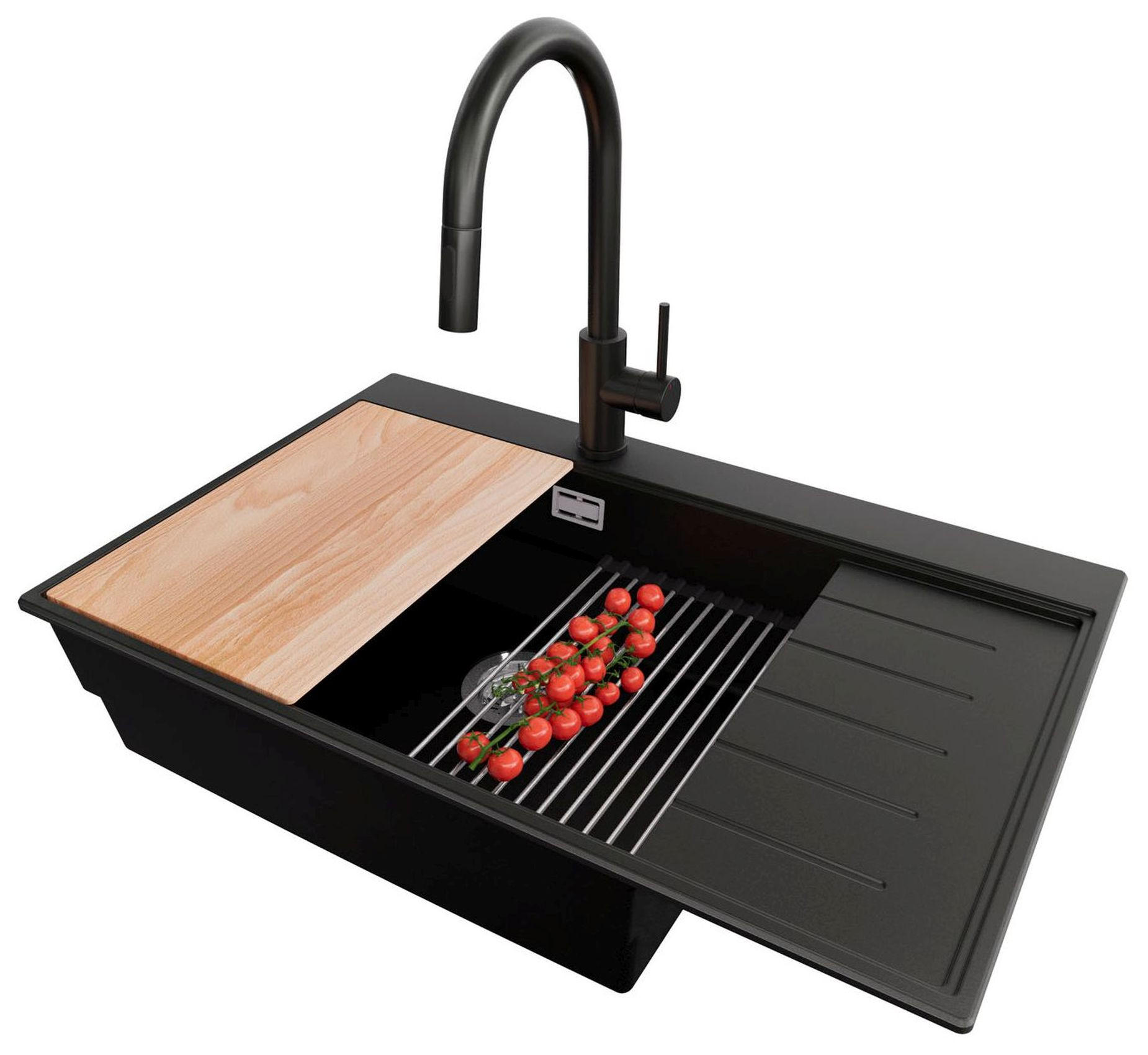 GRANITSPÜLE Sydney, 2-er set Schwarz 78/50 cm 1 Becken + Küchenarmatur 40/20 cm + Ablauf-Set + Küchenzubehörset ab 60er Unterschrank - Chromfarben/Beige, Kunststoff (78/20/50cm) - Primagran